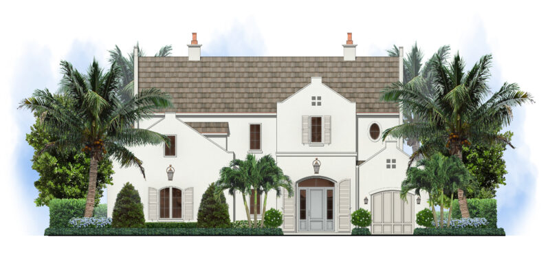 Construction rendering of Sandpiper project in North Palm Beach, showing the details of the front of the house.