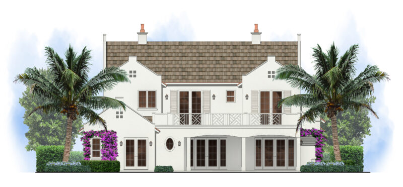 Construction rendering of Sandpiper project in North Palm Beach, showing the details of the rear of the house.