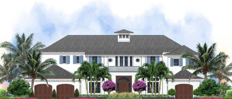 Construction rendering of McPherson project in West Palm Beach, showing the details of the front of the house.