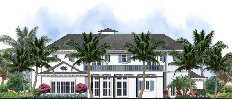 Construction rendering of McPherson project in West Palm Beach, showing the details of the rear of the house.